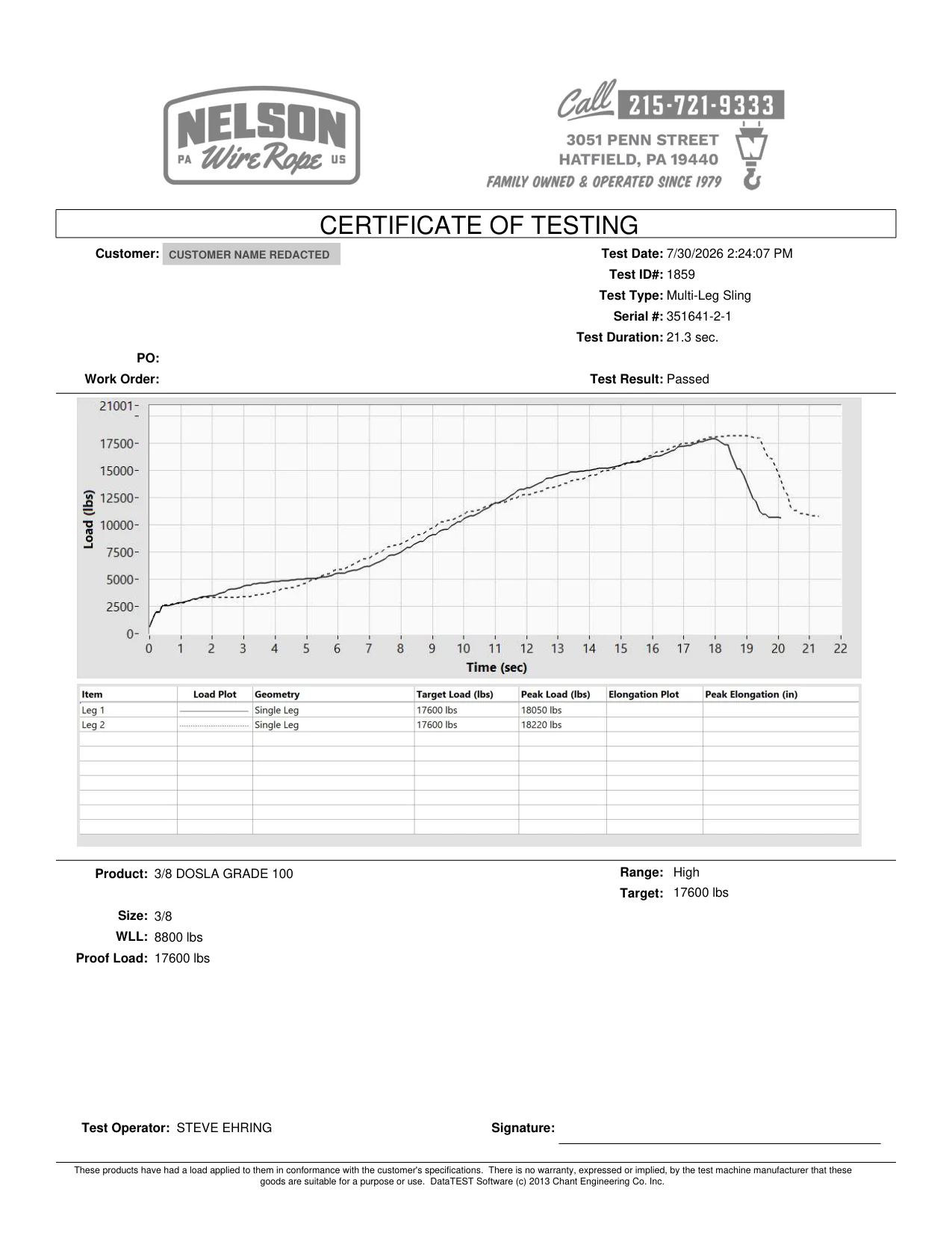 A Nelson Wire Rope certificate of testing for a two-leg 3/8 inch grade 100 chain sling: serial number, test date, load plot to 18,220 lbs against a 17,600 lb target, and a passed result