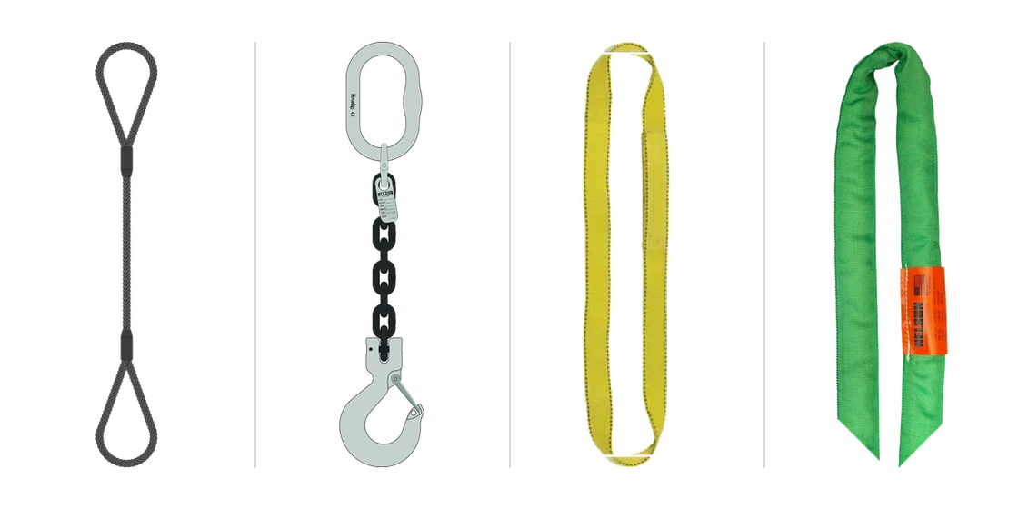 Sling Builder: a wire rope sling, an alloy chain sling, a web sling and a round sling side by side