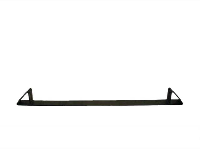 A black painted steel coil rack, a low bar with triangular end supports that cradles a metal coil on a trailer deck