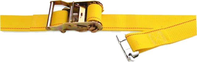 A Kinedyne 2 inch logistic strap with a ratchet buckle and spring fittings on each end for E-track