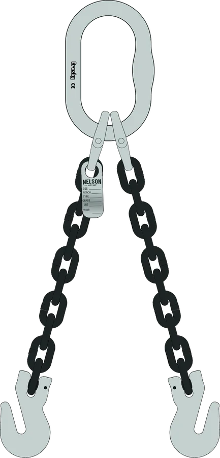 Two leg Grade 100 chain sling, master link top, clevis grab hooks bottom
