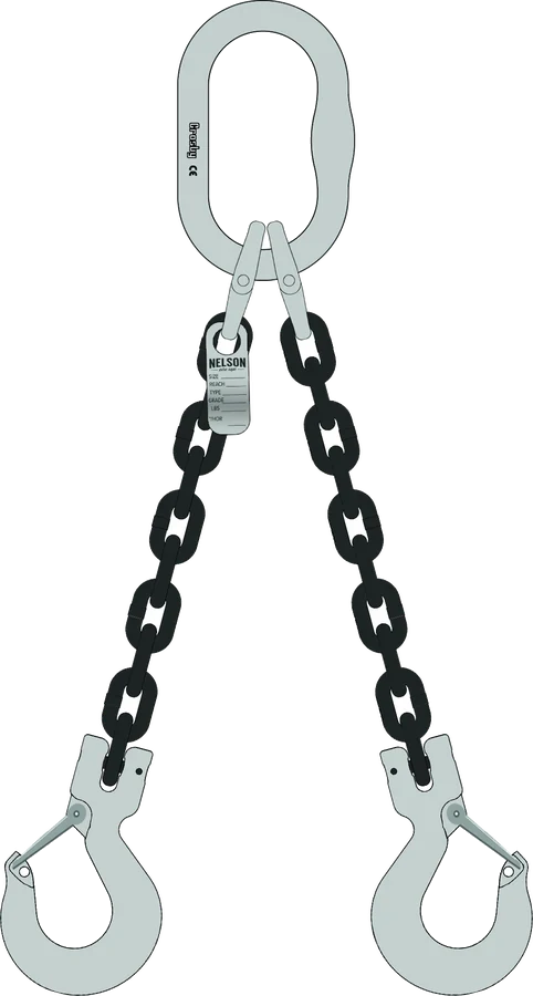 Two leg Grade 100 chain sling, master link top, clevis sling hooks bottom
