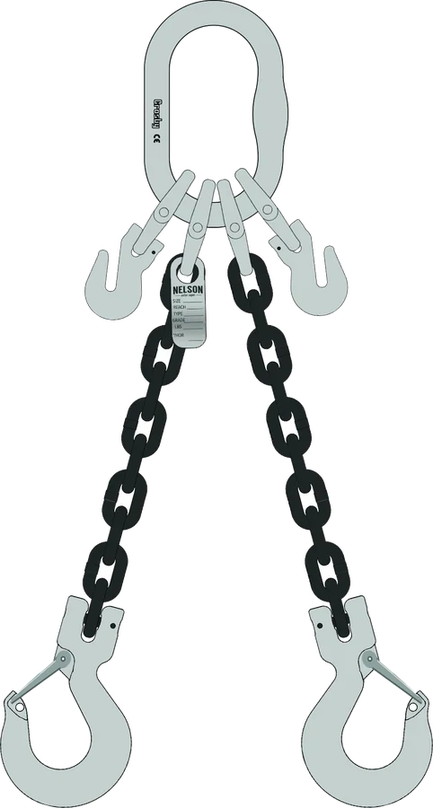 Two leg Grade 100 chain sling, master link + grab hooks top (adjustable), sling hooks bottom