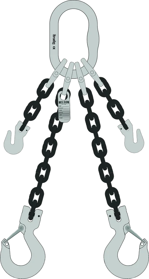 Two leg Grade 100 chain sling, master link + grab hooks + 1′ chain top (adjustable), sling hooks bottom