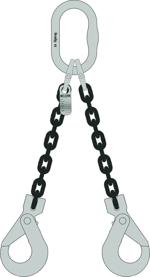 Two leg Grade 100 chain sling, master link top, clevis self-locking hooks bottom