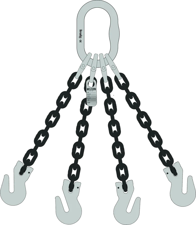 Four leg Grade 100 chain sling, master link top, clevis grab hooks bottom