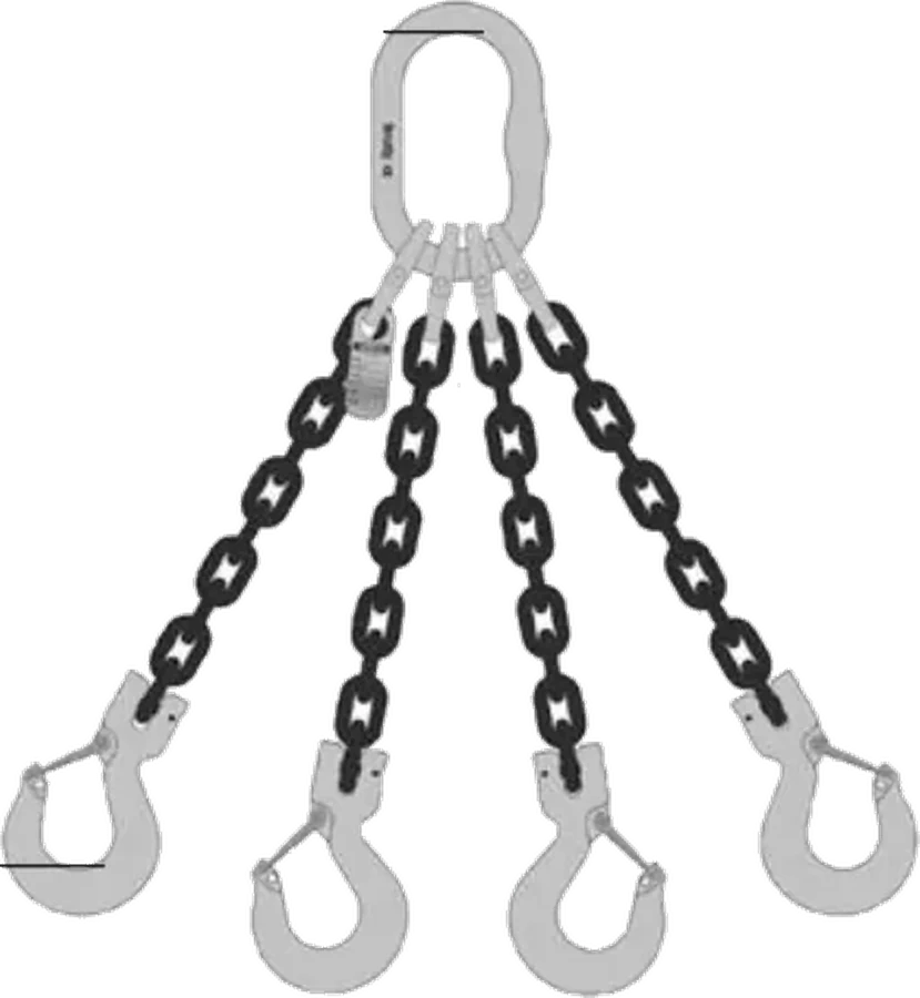 Four leg Grade 100 chain sling, master link top, clevis sling hooks bottom