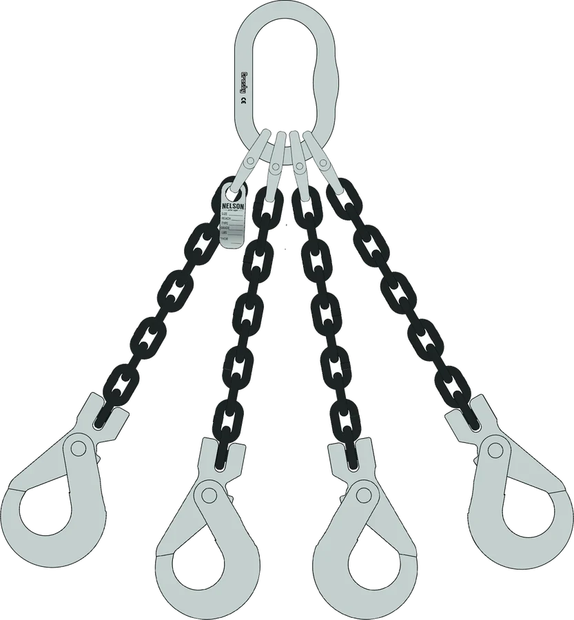 Four leg Grade 100 chain sling, master link top, clevis self-locking hooks bottom