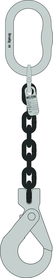 Single leg Grade 100 chain sling, master link one end, clevis self-locking hook other end
