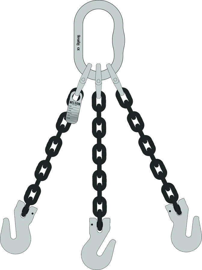 Three leg Grade 100 chain sling, master link top, clevis grab hooks bottom