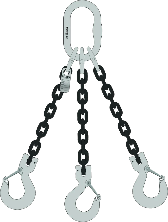 Three leg Grade 100 chain sling, master link top, clevis sling hooks bottom