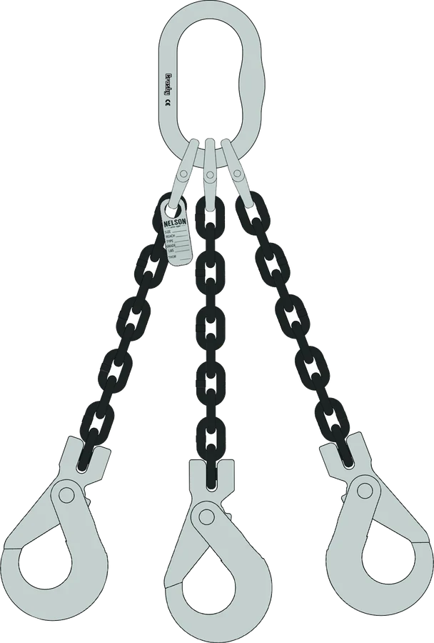 Three leg Grade 100 chain sling, master link top, clevis self-locking hooks bottom