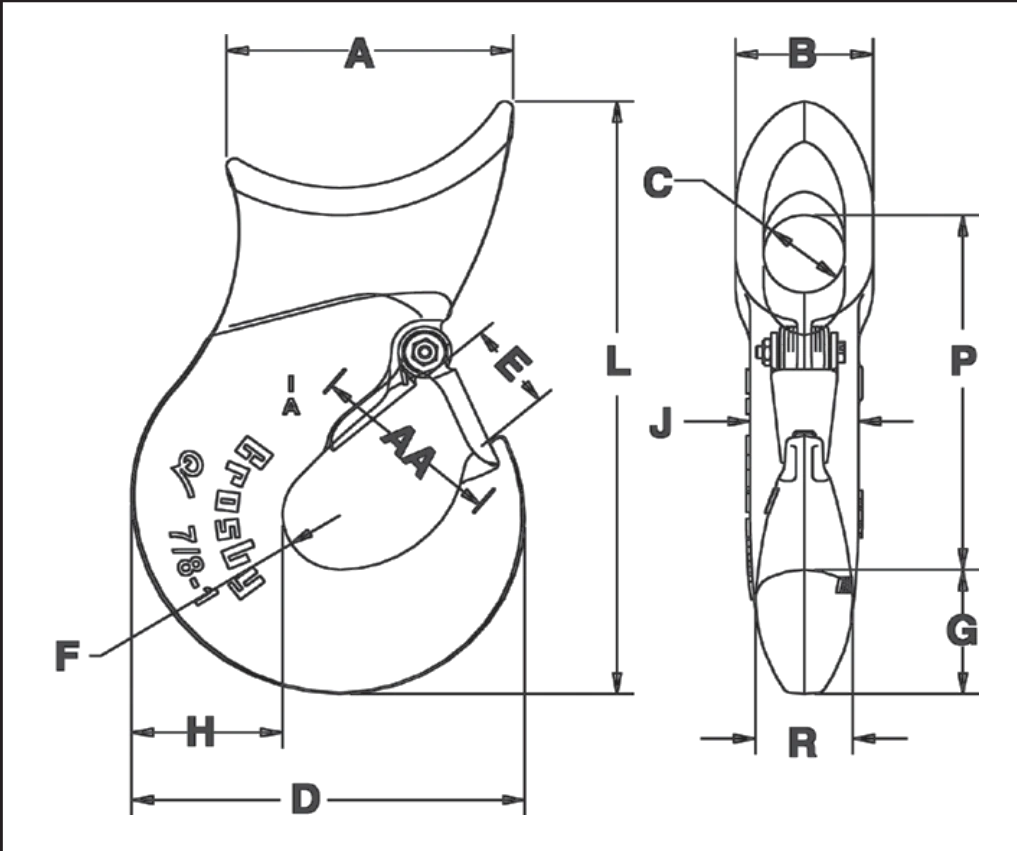 A-350N dimension drawing: A through R on the hook body and eye