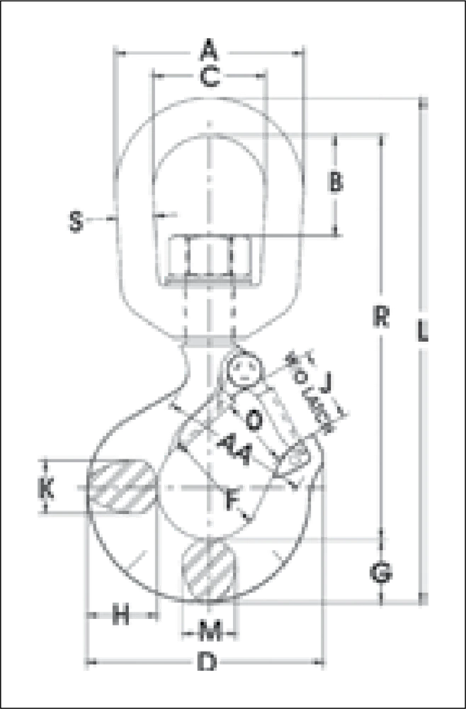 L-322AN dimension drawing: A, B, C, D and F on the swivel hook