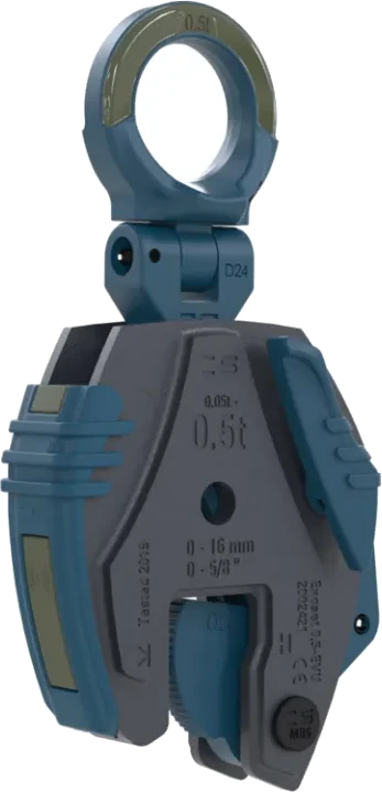 EXOSET Universal Vertical Safety Lifting Clamp, showing the hinged hoisting eye, the working load limit indicator and the jaw