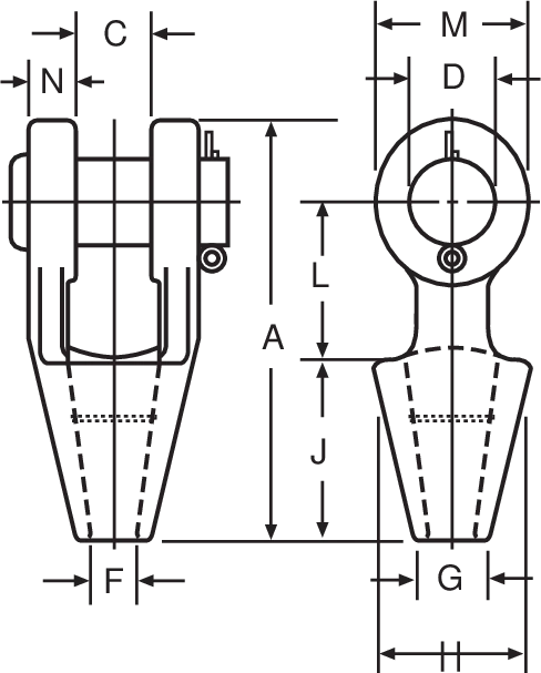 G-416 Open Spelter Sockets — dimensioned drawing