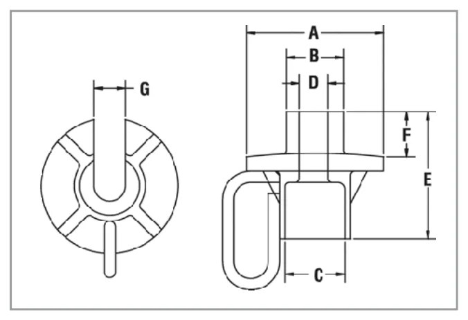 Tea cup pipe carrier fitting dimensions A through G