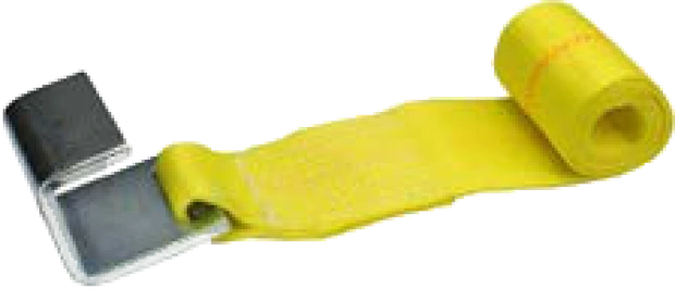 A yellow roll off container strap with a flat hook