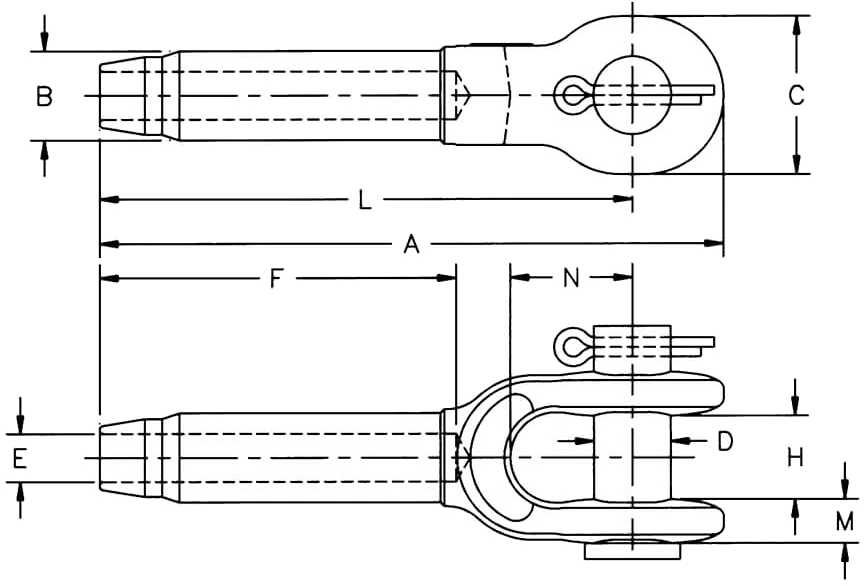 S-501 Open Swage Sockets — dimensioned drawing