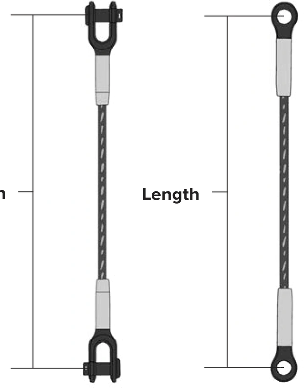 Two swage socket pendant assemblies drawn upright, one with open sockets and one with closed, with the length dimensioned from the center of the pin to the center of the eye