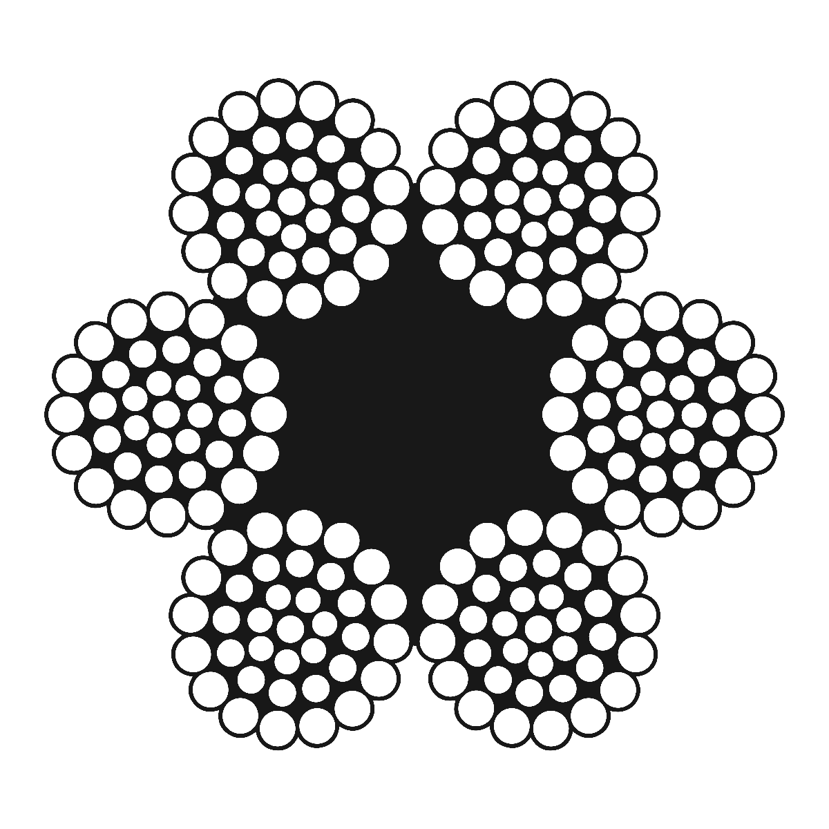 6x37 Class Wire Rope fiber core cross-section: six strands laid around a fiber center