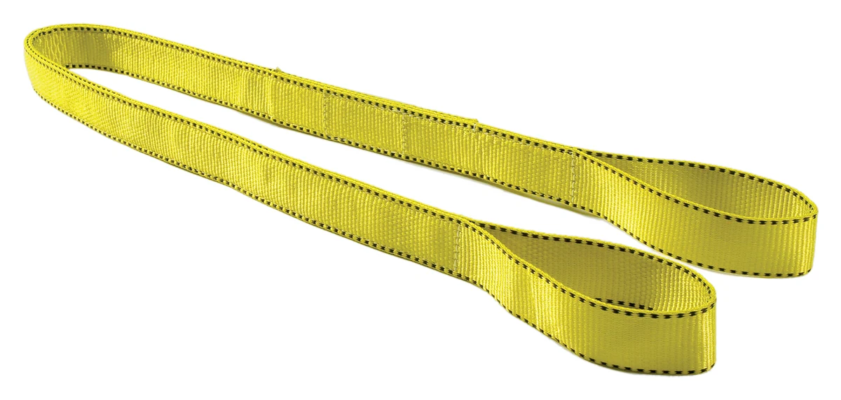 Eye and eye web sling: yellow webbing with a flat loop eye at each end, both eyes lying in the same plane as the sling body