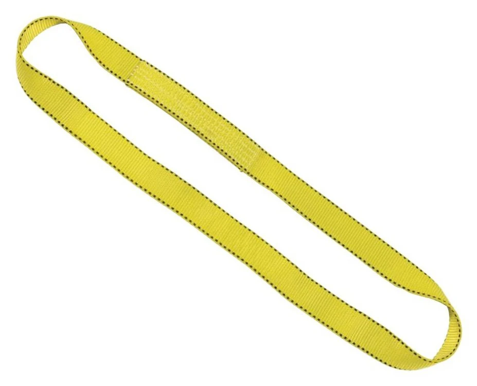 Endless web sling: a continuous loop of yellow webbing with no eyes and no hardware, joined by a stitched splice